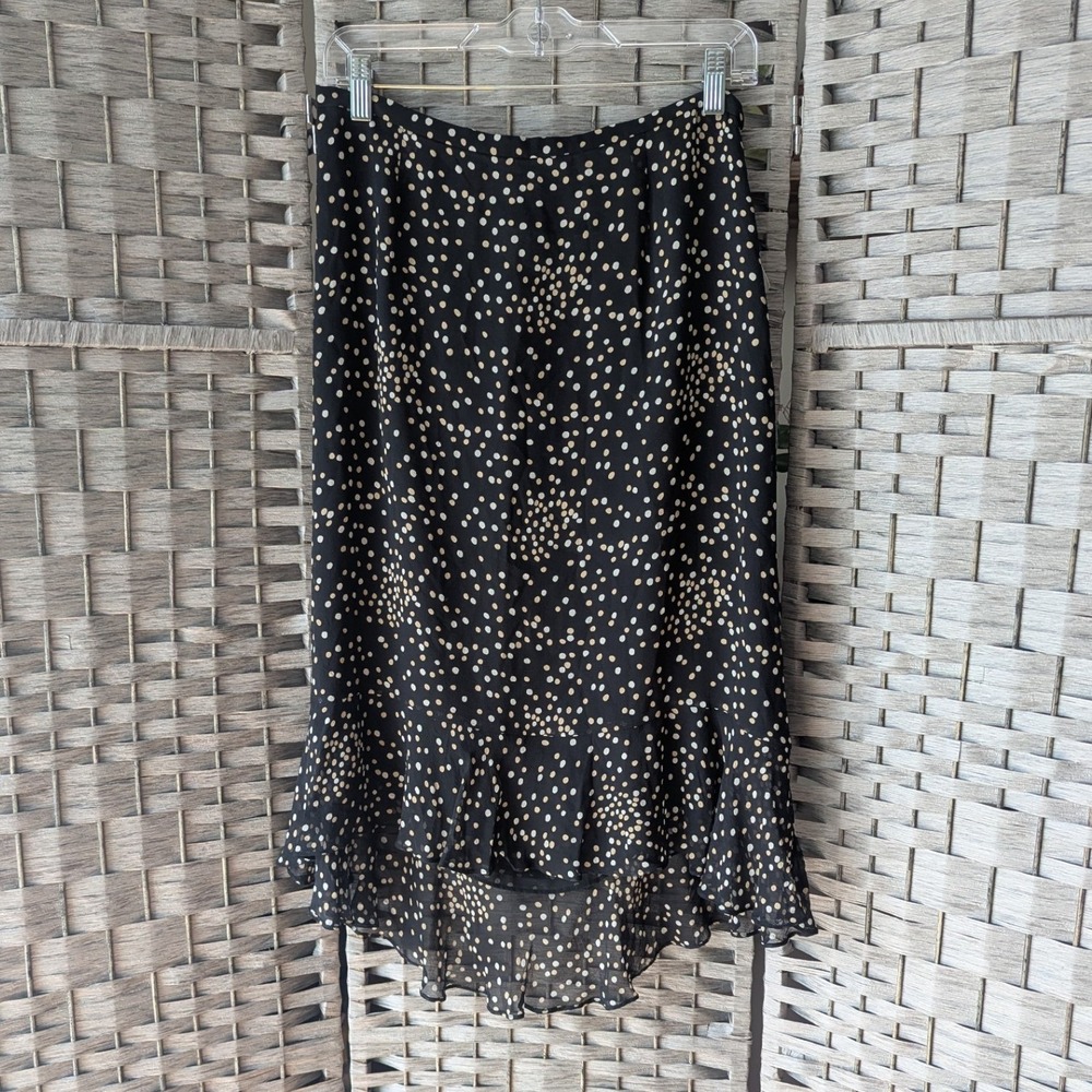 Vtg Talbots Silk Polka Dot Ruffle High Low Hem Midi Skirt Black Sz 12 Deadstock